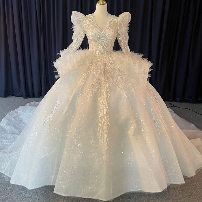 Royal and Luxurious Bridal Ball Gown Wedding Dress with Long Sleeve - Rosymae