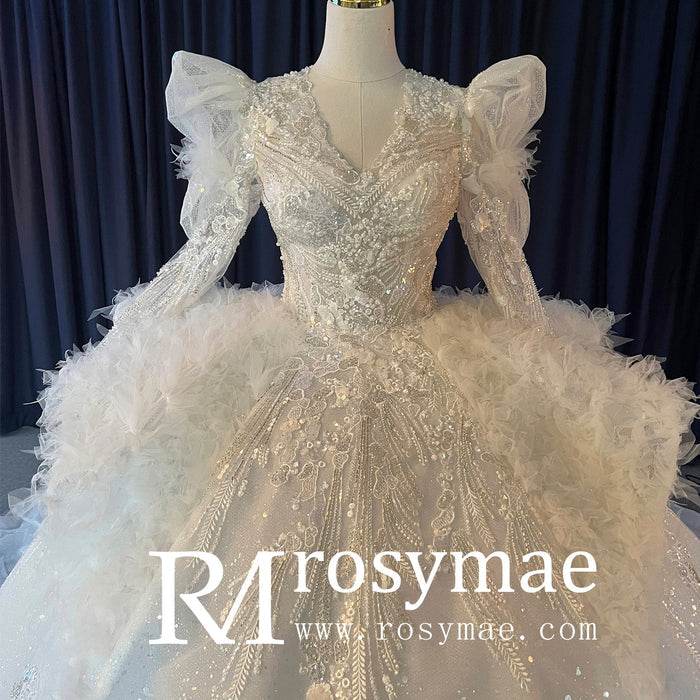 Royal and Luxurious Bridal Ball Gown Wedding Dress with Long Sleeve - Rosymae