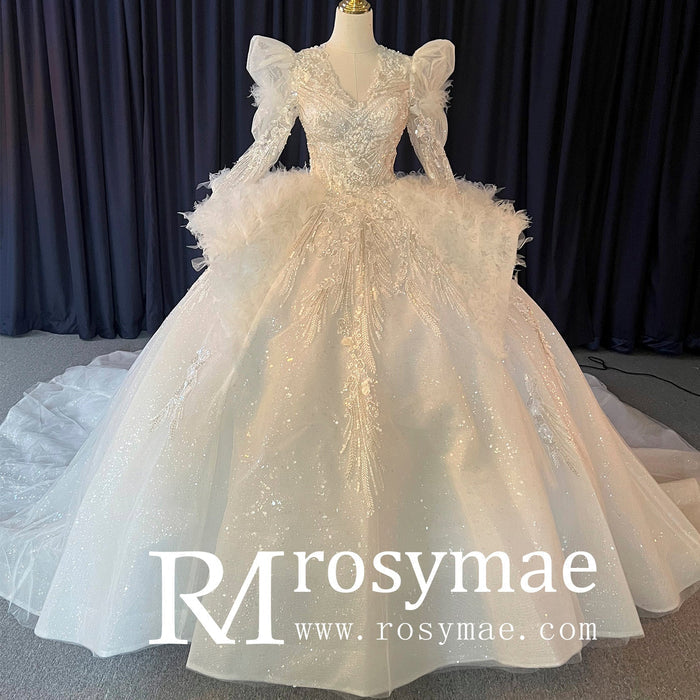 Royal and Luxurious Bridal Ball Gown Wedding Dress with Long Sleeve - Rosymae