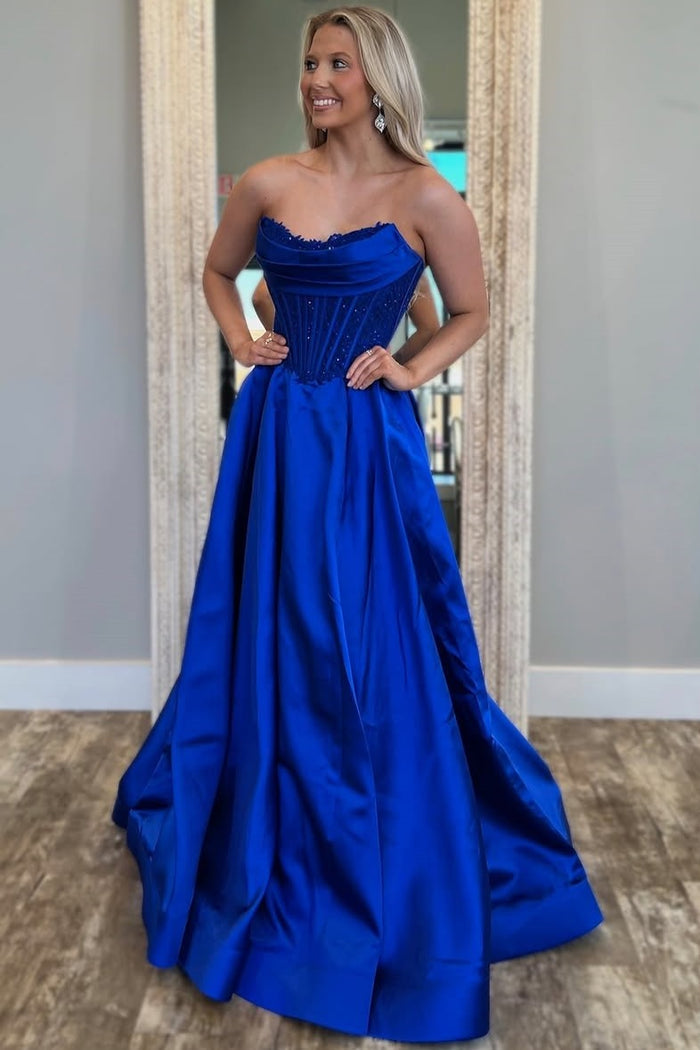 Royal Blue A-Line Strapless Scoop Pleated Satin Prom Dress