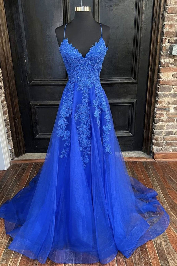 Royal Blue A-Line Straps Empire-Waist Appliques Long Prom Dress