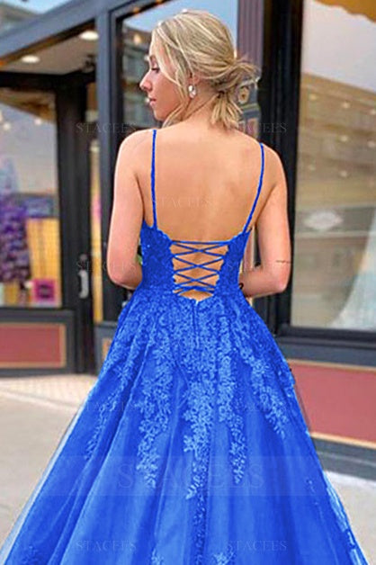 Royal Blue A-Line Straps Empire-Waist Appliques Long Prom Dress