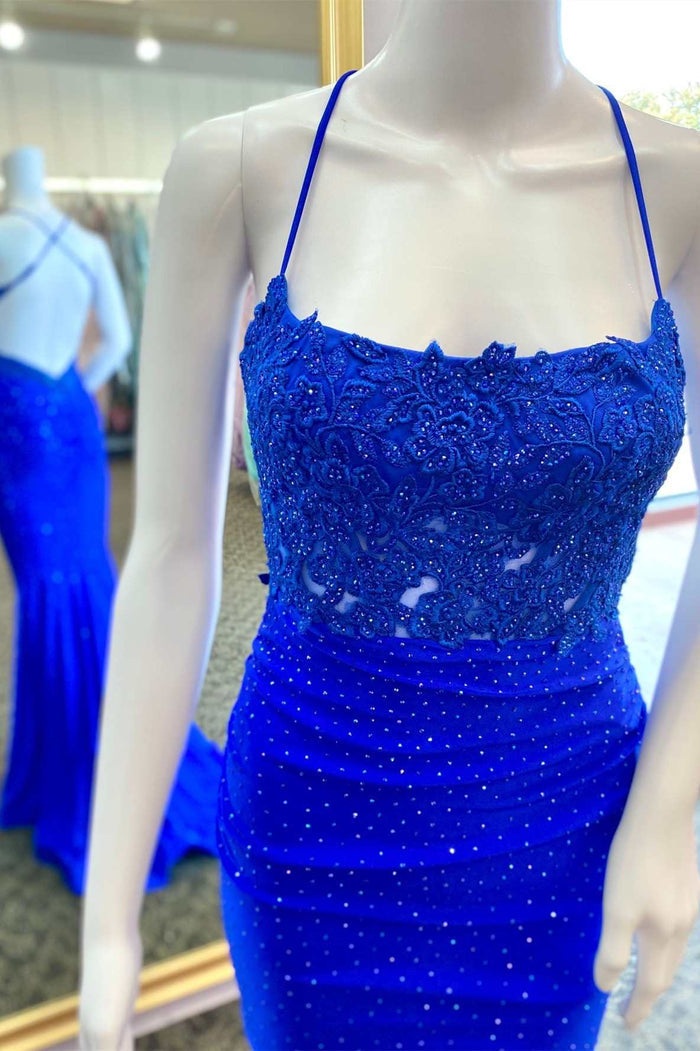 Royal Blue Beaded Applique Cross-Back Mermaid Long Formal Dress