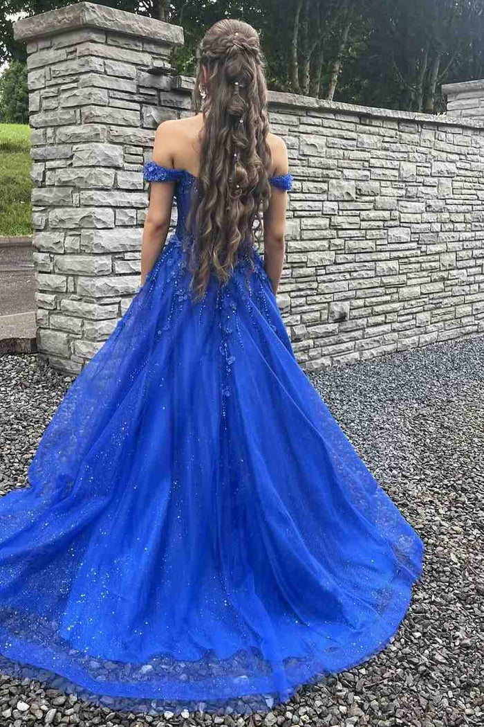 Royal Blue Off-Shoulder A-Line Appliques Empire-Waist Long Prom Dress