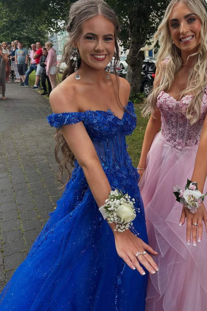 Royal Blue Off-Shoulder A-Line Appliques Empire-Waist Long Prom Dress