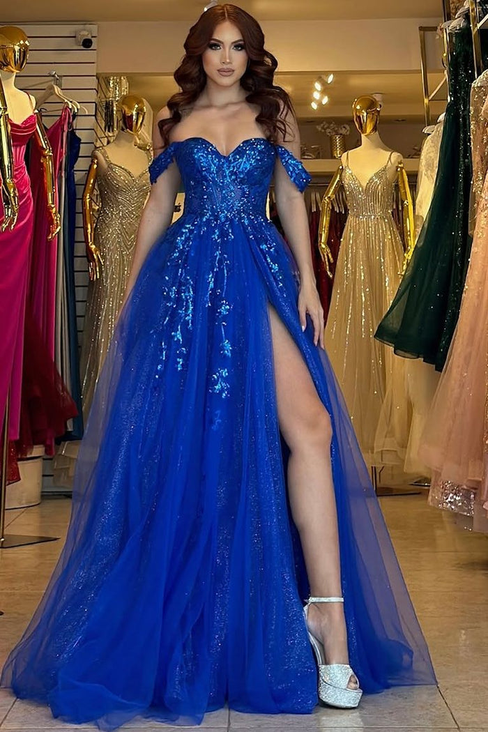 Royal Blue Off-Shoulder A-Line Sequins Appliques Tulle Prom Dress with Slit