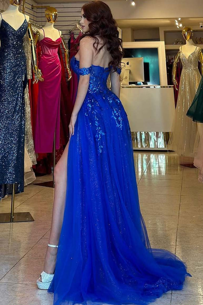 Royal Blue Off-Shoulder A-Line Sequins Appliques Tulle Prom Dress with Slit