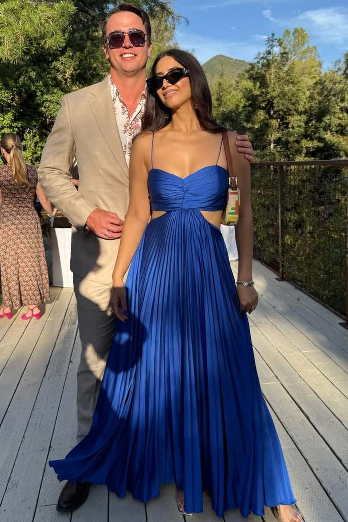 Royal Blue Spaghetti Straps Hollow-Cut Pleated A-Line Prom Dress