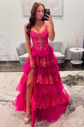 Royal Blue Spaghetti Straps Tiered A-Line Long Prom Dress with Train
