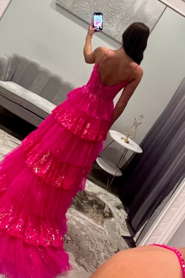 Royal Blue Spaghetti Straps Tiered A-Line Long Prom Dress with Train
