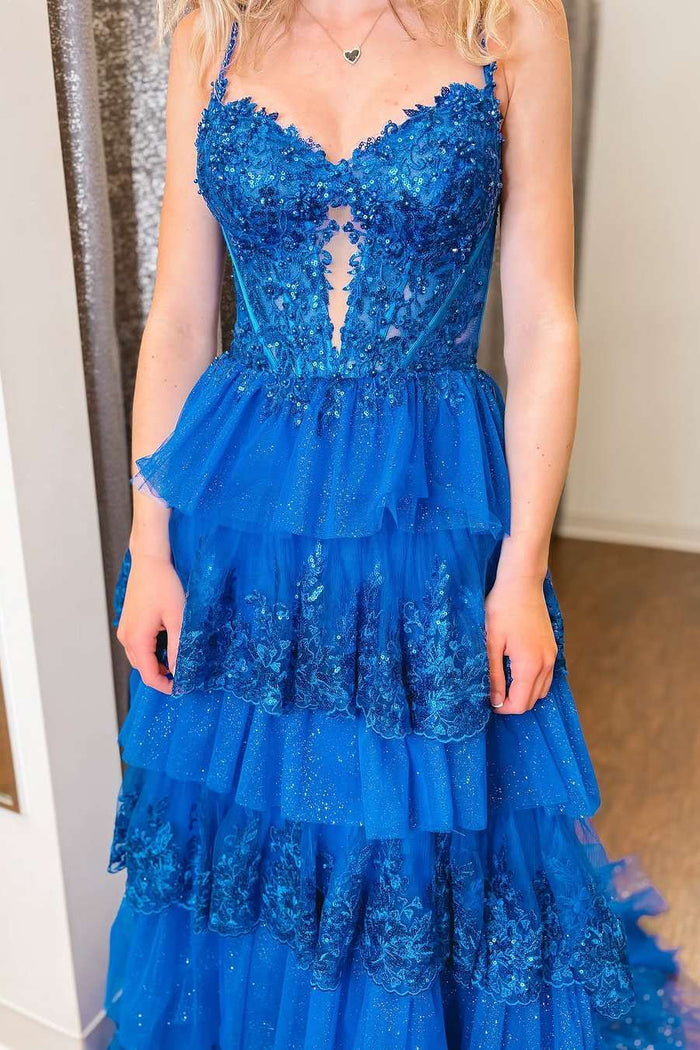 Royal Blue Spaghetti Straps Tiered A-Line Long Prom Dress with Train