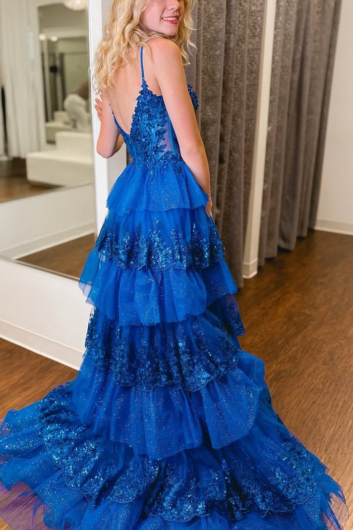 Royal Blue Spaghetti Straps Tiered A-Line Long Prom Dress with Train