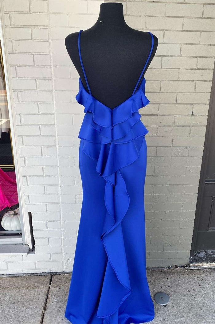 Royal Blue V-Neck Backless Ruffles Maxi Dress