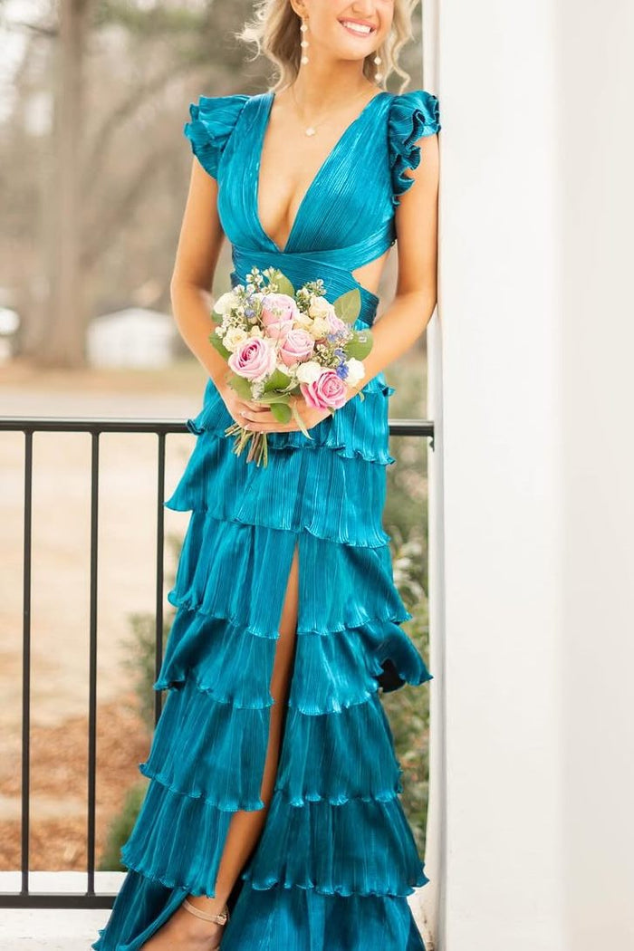 Ruffles A-Line Straps V-Neck Empire-Waist Prom Dress with Slit