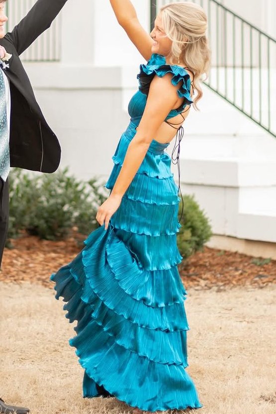 Ruffles A-Line Straps V-Neck Empire-Waist Prom Dress with Slit