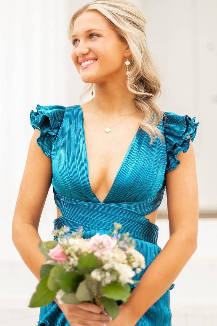 Ruffles A-Line Straps V-Neck Empire-Waist Prom Dress with Slit