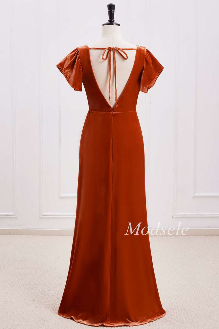 back of Rust Orange Velvet Surplice Backless Bridesmaid Dress
