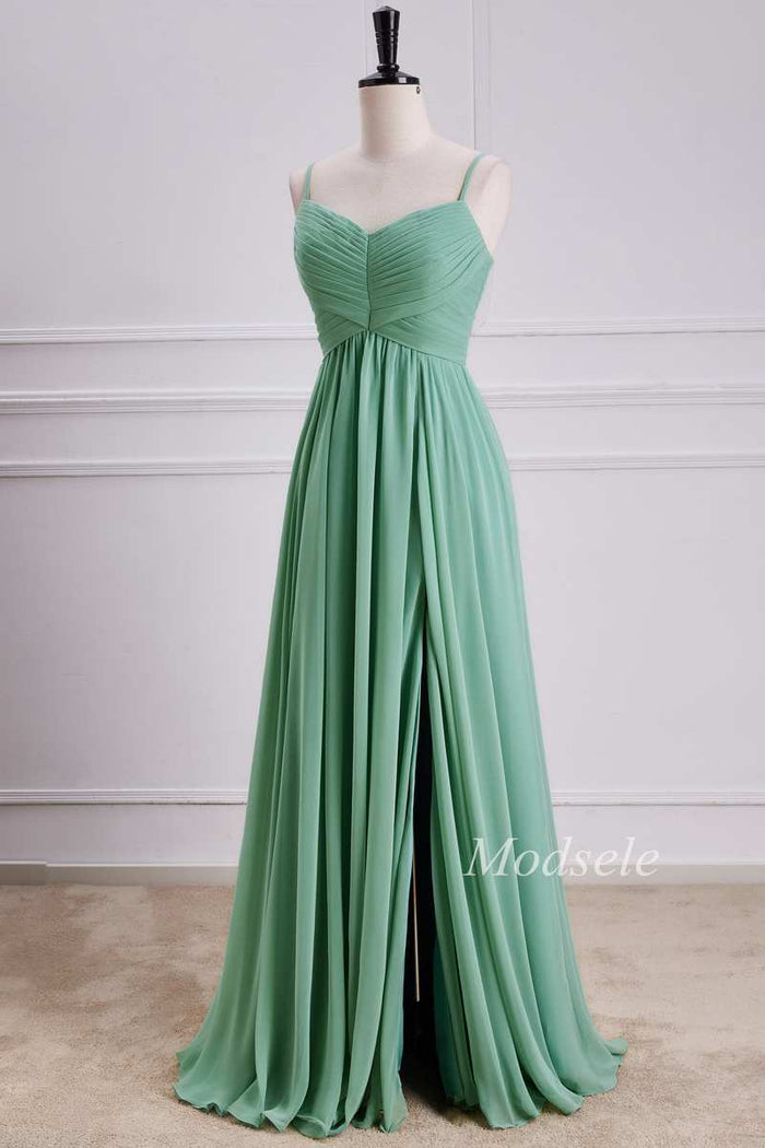 Sage Chiffon Spaghetti Strap Maxi Dress with Slit