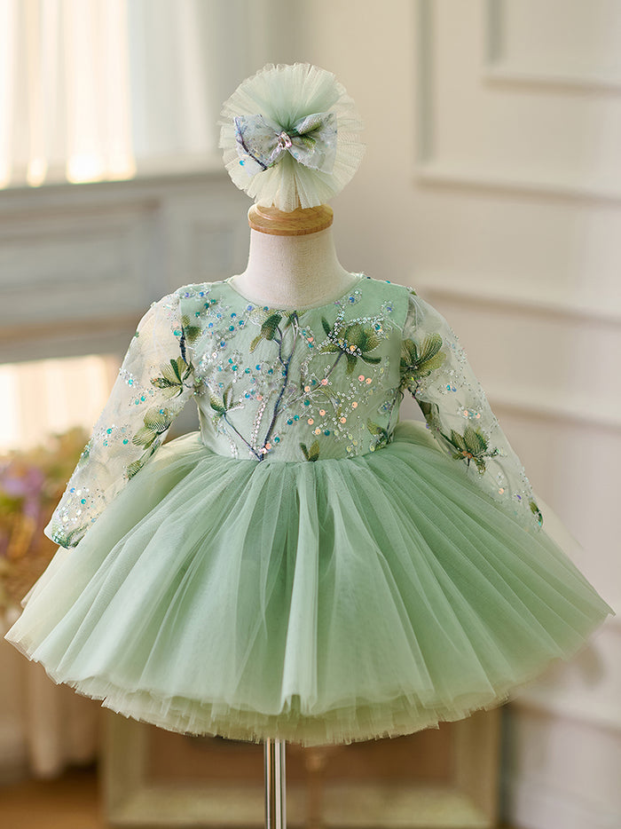 Sage Green Baby Long Sleeve Knee Length Girl Dress J060