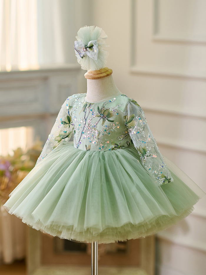 Sage Green Baby Long Sleeve Knee Length Girl Dress J060