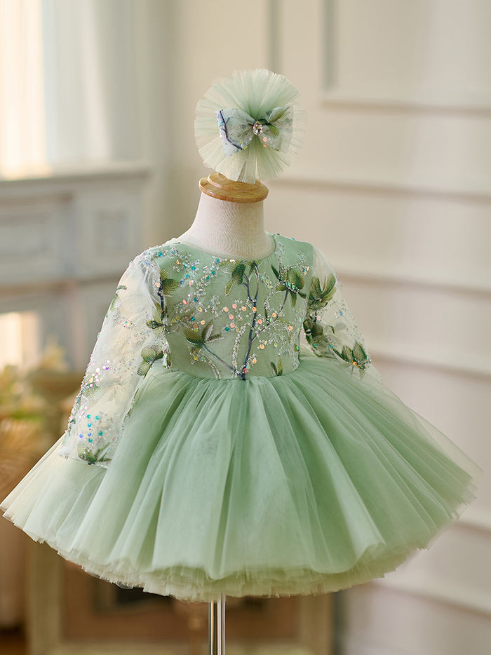 Sage Green Baby Long Sleeve Knee Length Girl Dress J060
