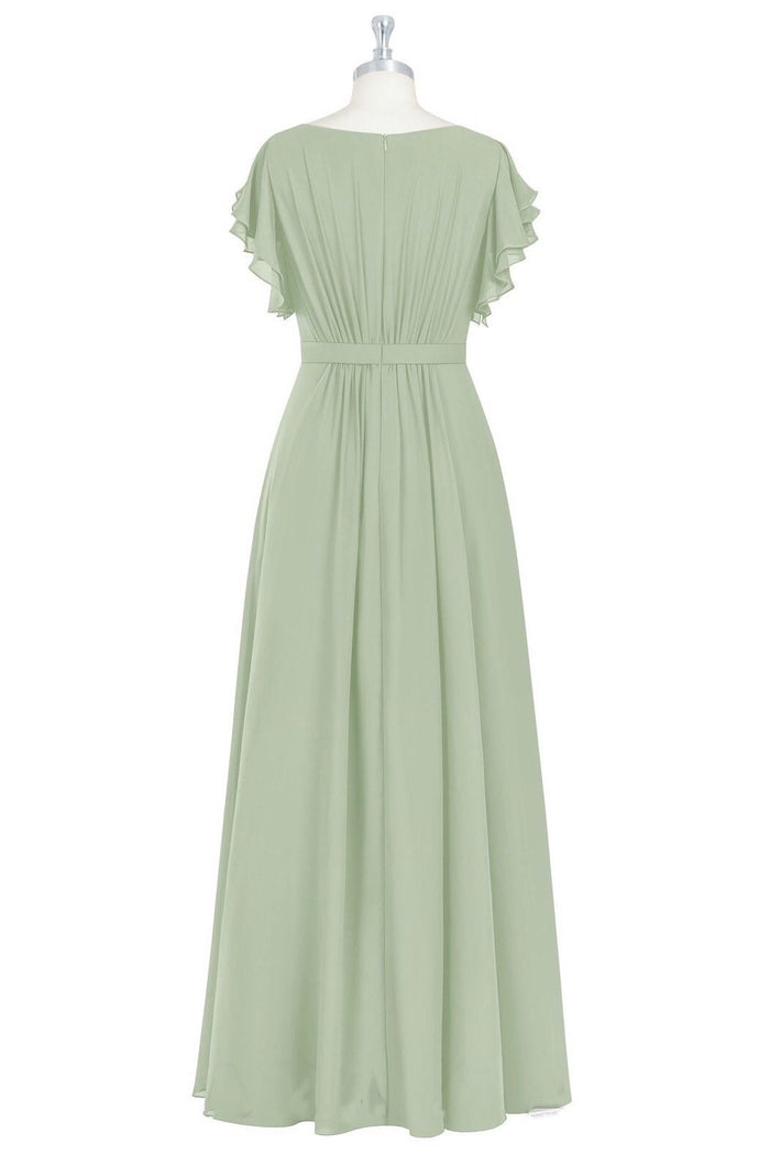 Sage Green Crew Neck Ruffles A-Line Long Bridesmaid Dress
