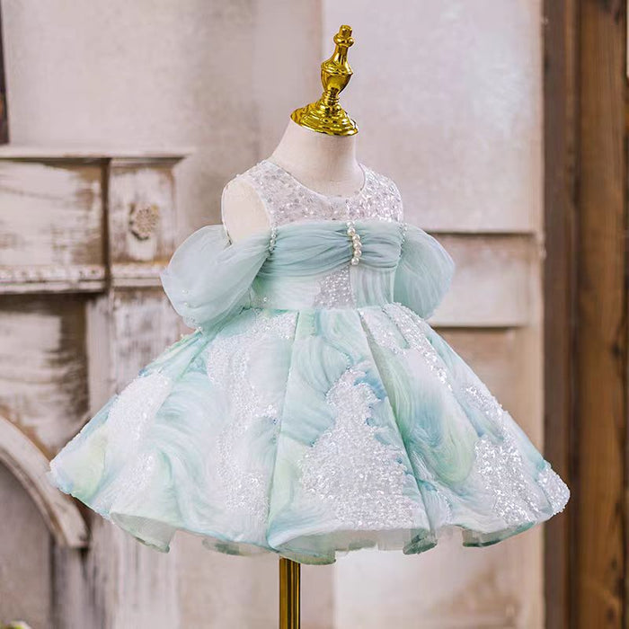 Sage Green Off-Shoulder Pearled Flower Girl Dresses J544