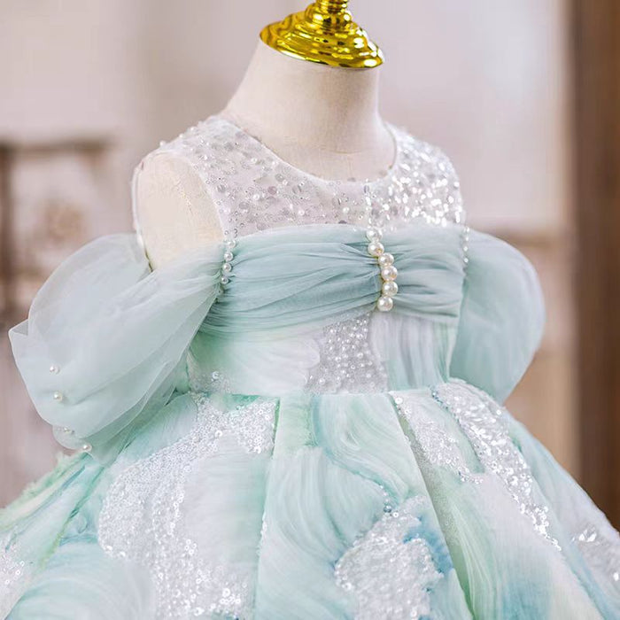 Sage Green Off-Shoulder Pearled Flower Girl Dresses J544