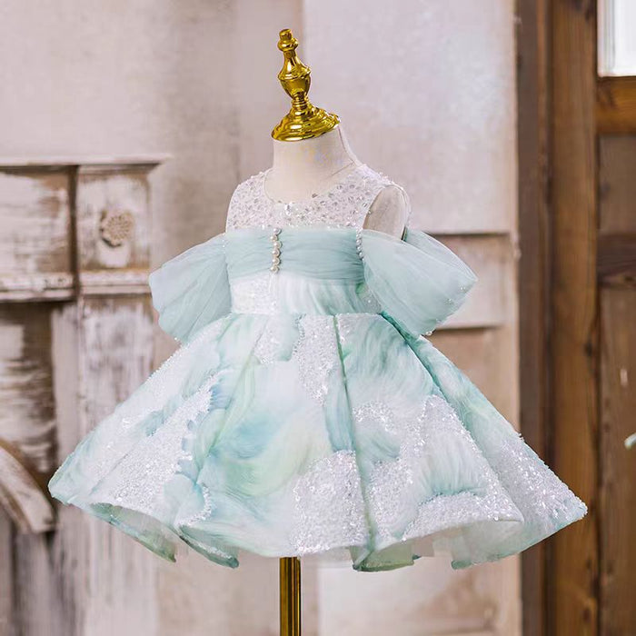 Sage Green Off-Shoulder Pearled Flower Girl Dresses J544