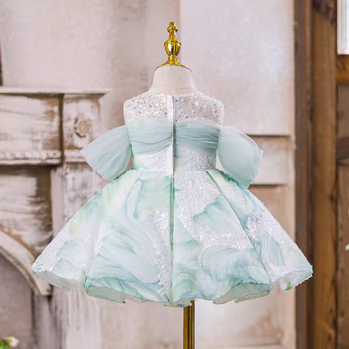 Sage Green Off-Shoulder Pearled Flower Girl Dresses J544