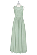Sage Green Sheer Crew Neck Long Bridesmaid Dress