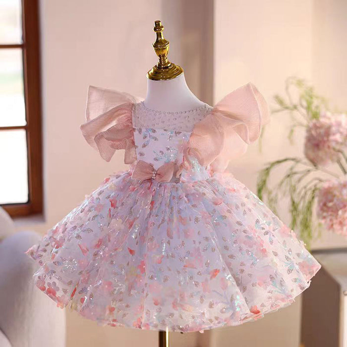 Saprkly Pink Flower Girl Dress for Princess Kids 1st Birthday Party J473