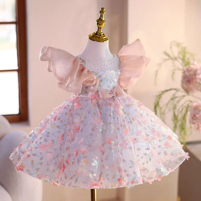 Saprkly Pink Flower Girl Dress for Princess Kids 1st Birthday Party J473