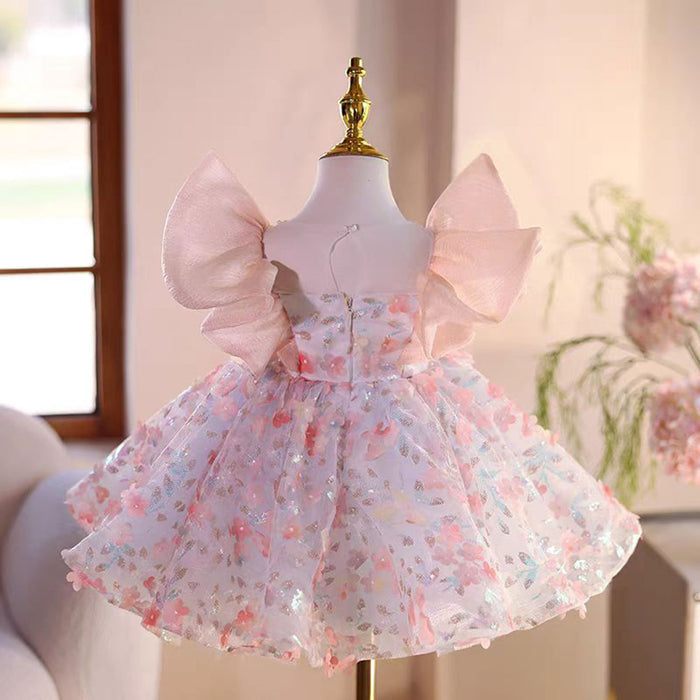 Saprkly Pink Flower Girl Dress for Princess Kids 1st Birthday Party J473