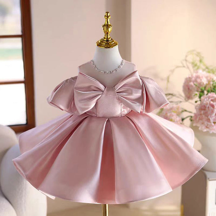 Satin Girl Dress With Bow Toddler Kids 1st Birthday Party Prom Gown J806