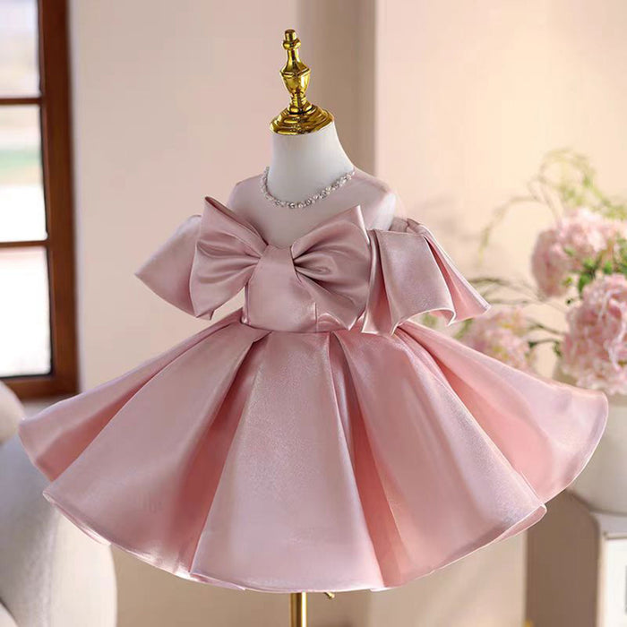 Satin Girl Dress With Bow Toddler Kids 1st Birthday Party Prom Gown J806
