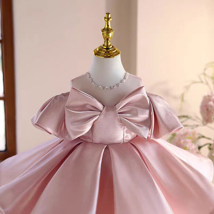Satin Girl Dress With Bow Toddler Kids 1st Birthday Party Prom Gown J806