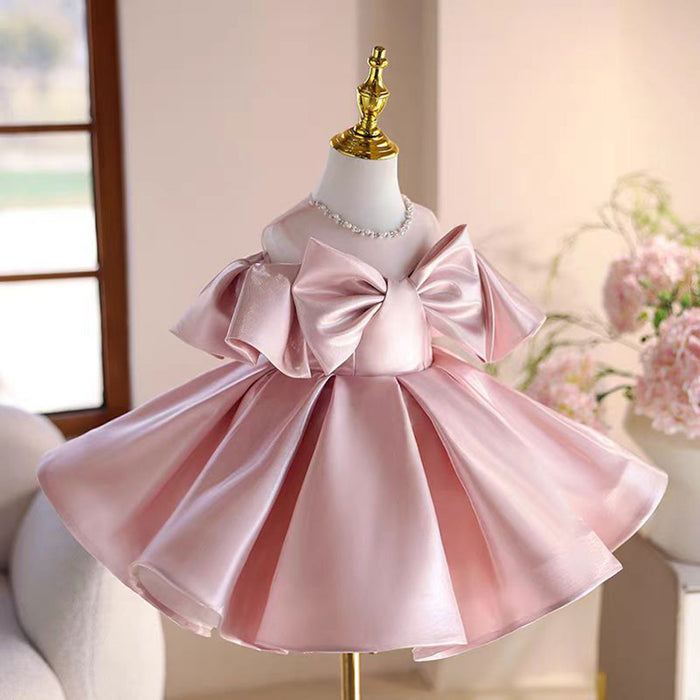 Satin Girl Dress With Bow Toddler Kids 1st Birthday Party Prom Gown J806