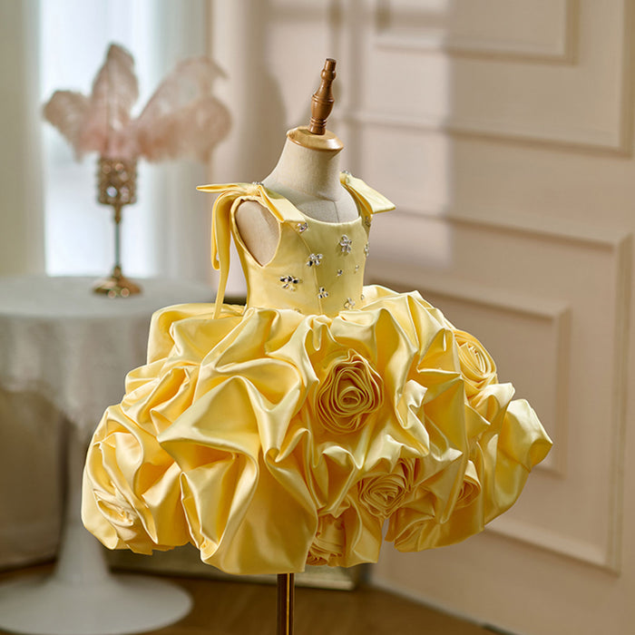 Satin Toddler Flower Girl Dress Princess Style 1st Birthday Party Gown D151