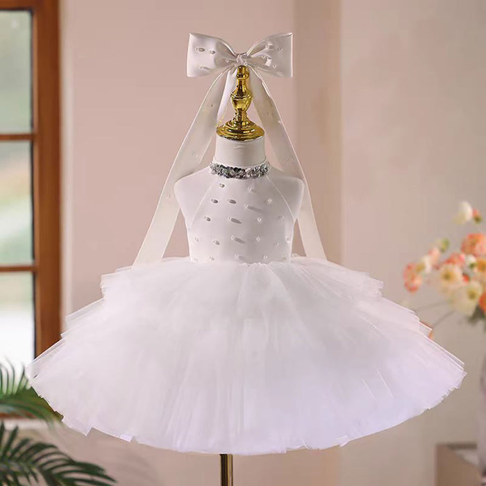 Satin Top Tulle Pearl Tiered Sleeveless Flower Girl Dress D041