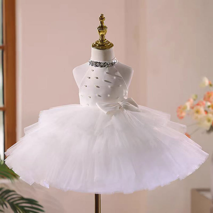 Satin Top Tulle Pearl Tiered Sleeveless Flower Girl Dress D041