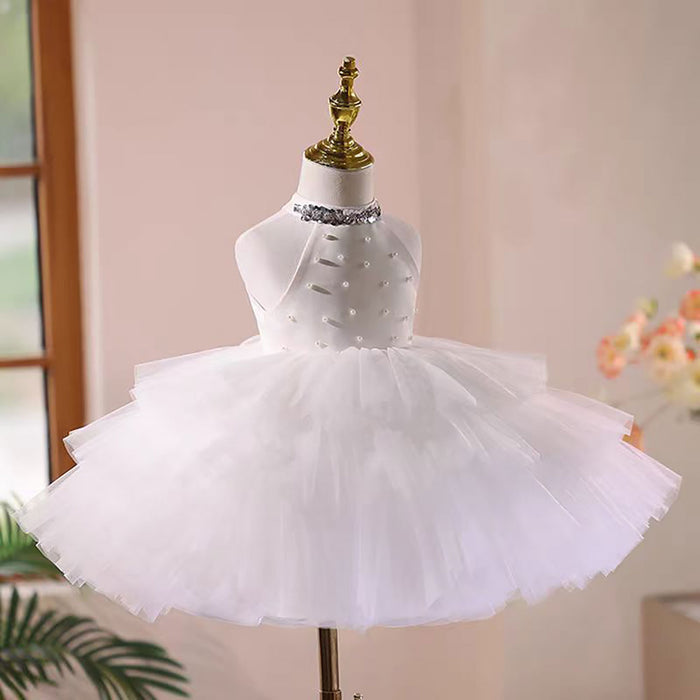 Satin Top Tulle Pearl Tiered Sleeveless Flower Girl Dress D041