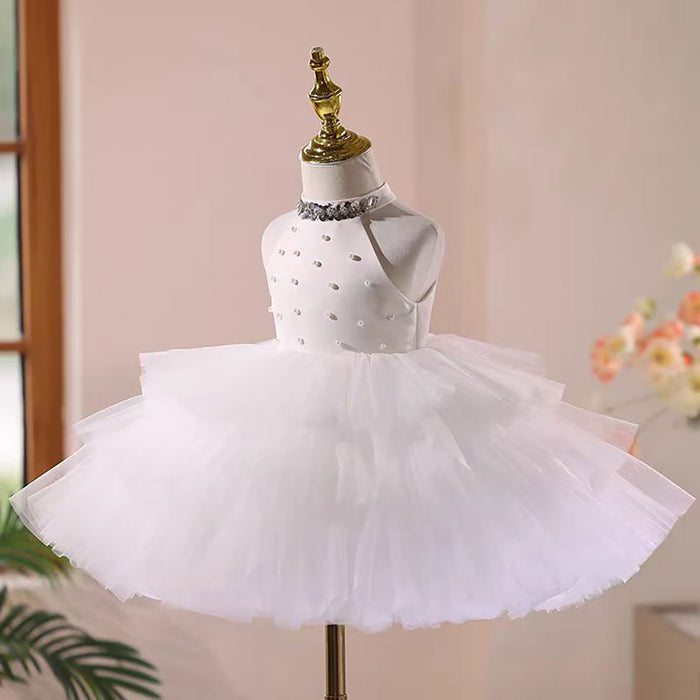 Satin Top Tulle Pearl Tiered Sleeveless Flower Girl Dress D041