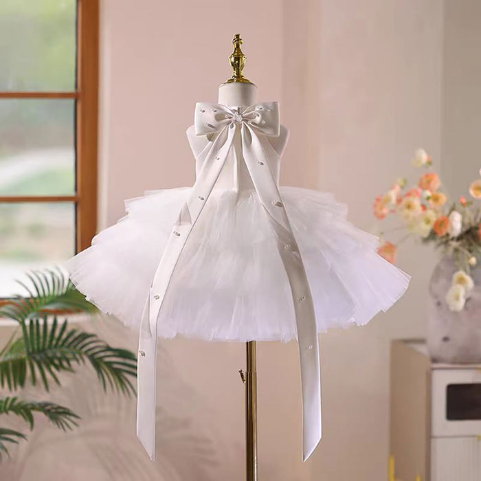 Satin Top Tulle Pearl Tiered Sleeveless Flower Girl Dress D041