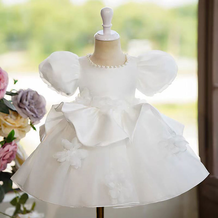 Satin Top Tulle Ruffle Pearled Flower Girl Dress White D049