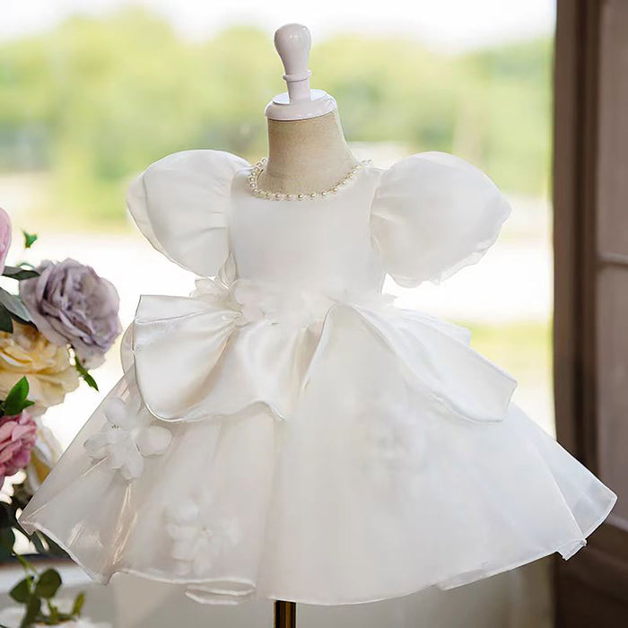 Satin Top Tulle Ruffle Pearled Flower Girl Dress White D049