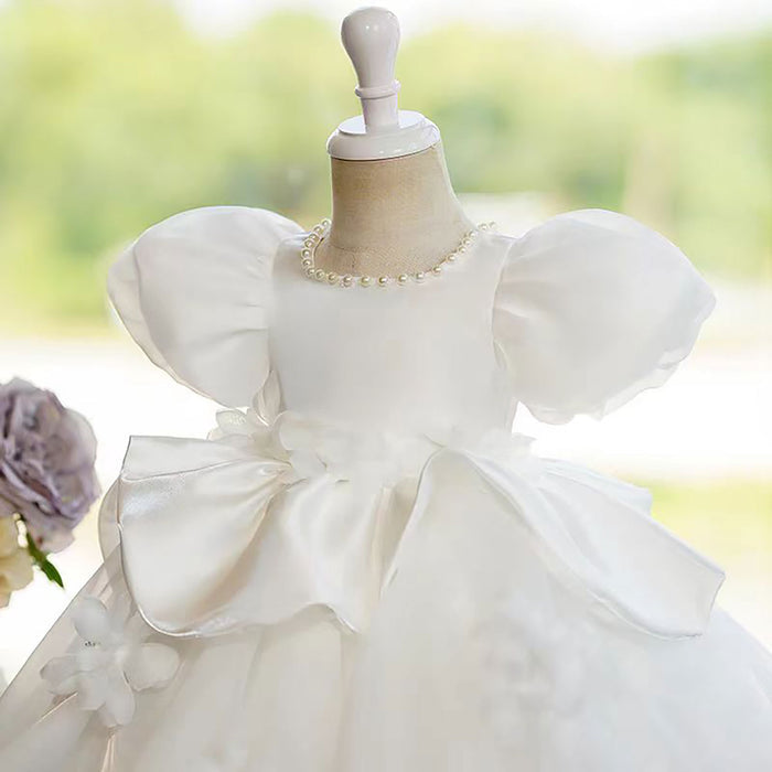 Satin Top Tulle Ruffle Pearled Flower Girl Dress White D049