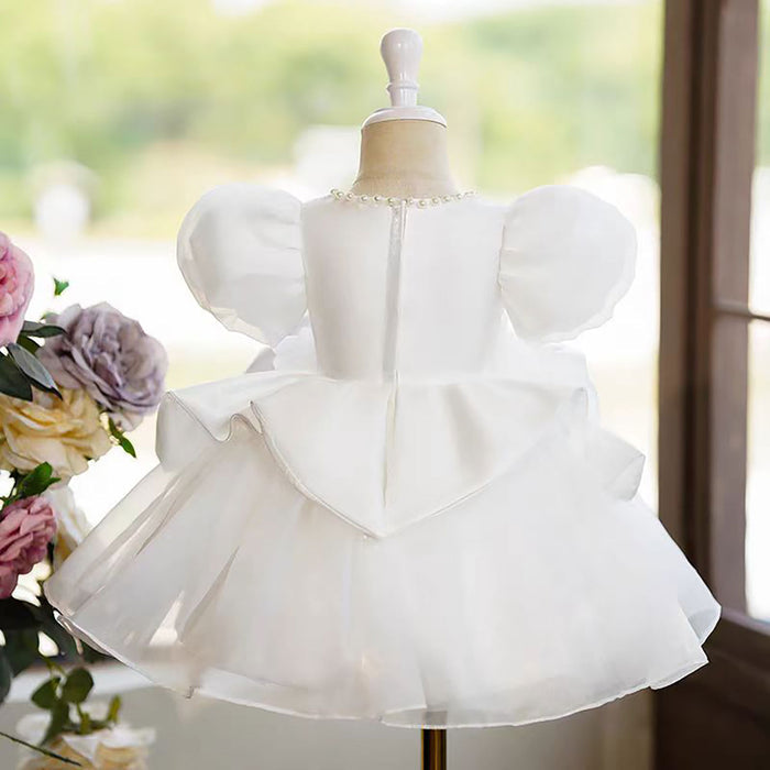 Satin Top Tulle Ruffle Pearled Flower Girl Dress White D049