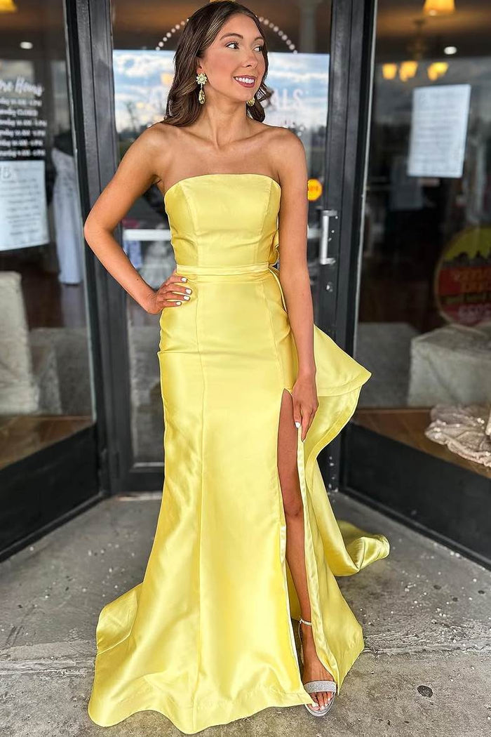 Satin Yellow Strapless Scoop Big Bow Mermaid Prom Dress with Slit