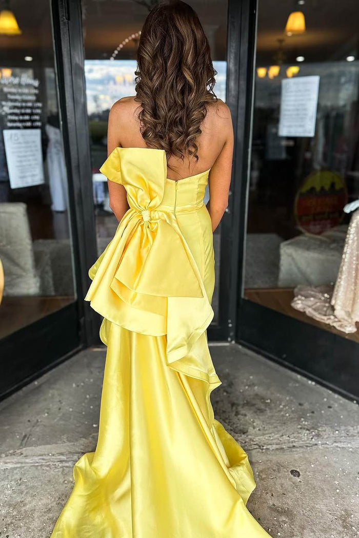 Satin Yellow Strapless Scoop Big Bow Mermaid Prom Dress with Slit